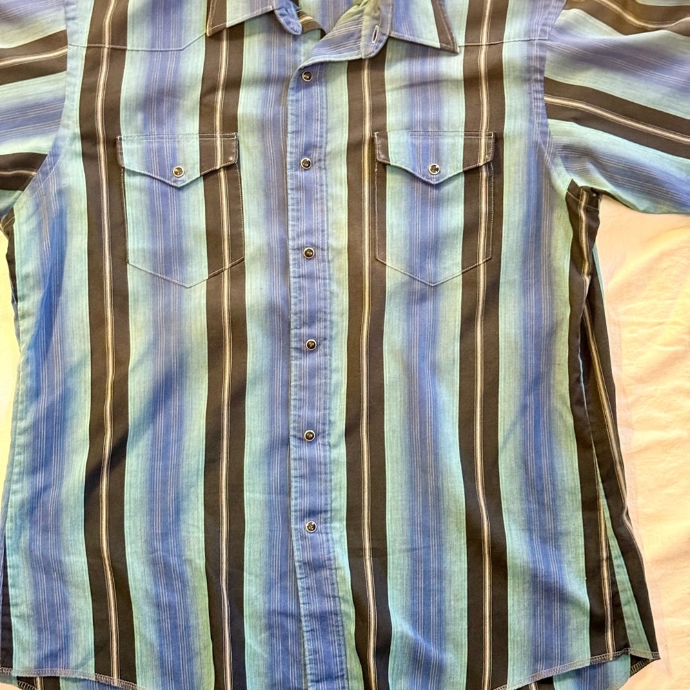 Vintage Wrangler Cowboy Cut Western Shirt Sz 17 X-Long Tail Snap Striped USA EUC